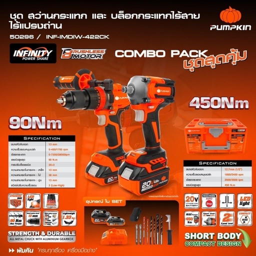 ชุดสว่านกระแทกและบล็อกกระแทกไร้สาย ไร้แปรงถ่าน PUMPKIN 20V INF-IMDIW-422CK (50296)